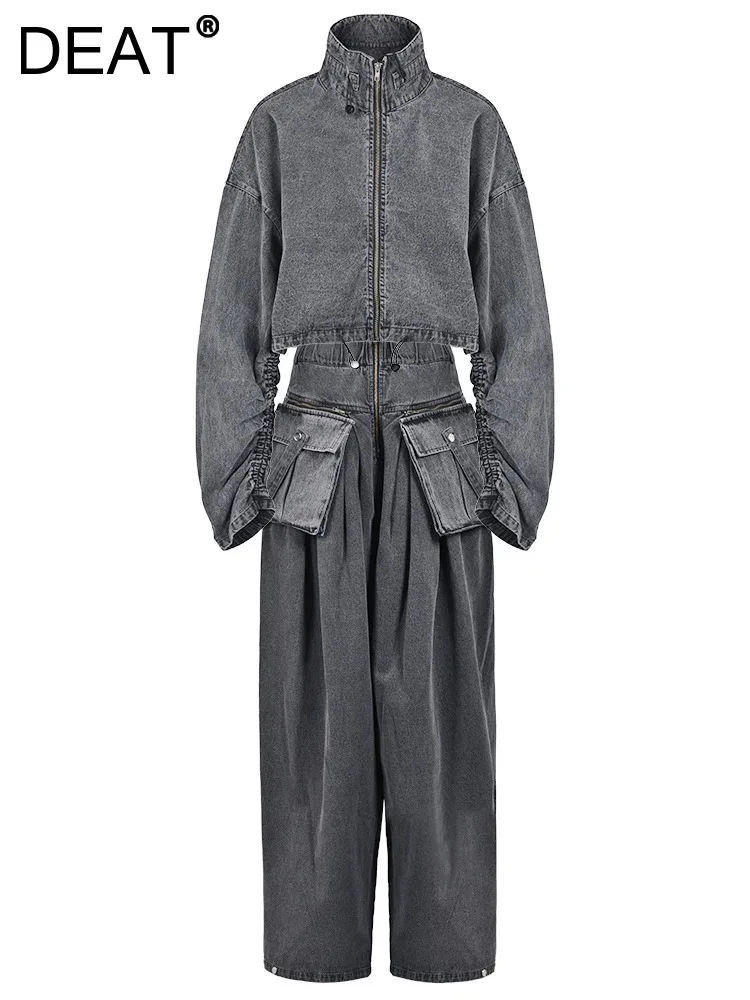 

DEAT Women's Denim Stand Collar Zipper Drawstring Coat Spliced Pockets Wide Leg Loose Pants 2024 Summer New Fashion CPG0370