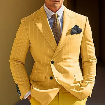 Chic Yellow Stripe Men's Suits Elegant Single Breasted Peak Lapel Slim Fit Male Clothing Prom Party 2 Piece Jacket Pants Sets 1