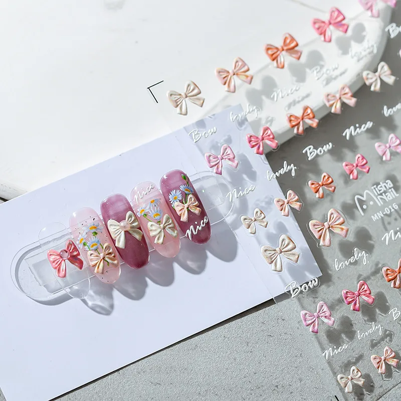 1Pcs 5D Pink White Bowknot Nail Sticker Soft Reliefs Adhesive Nail Art Sticker Lovely Delicate Press On Nails Decorations Decals