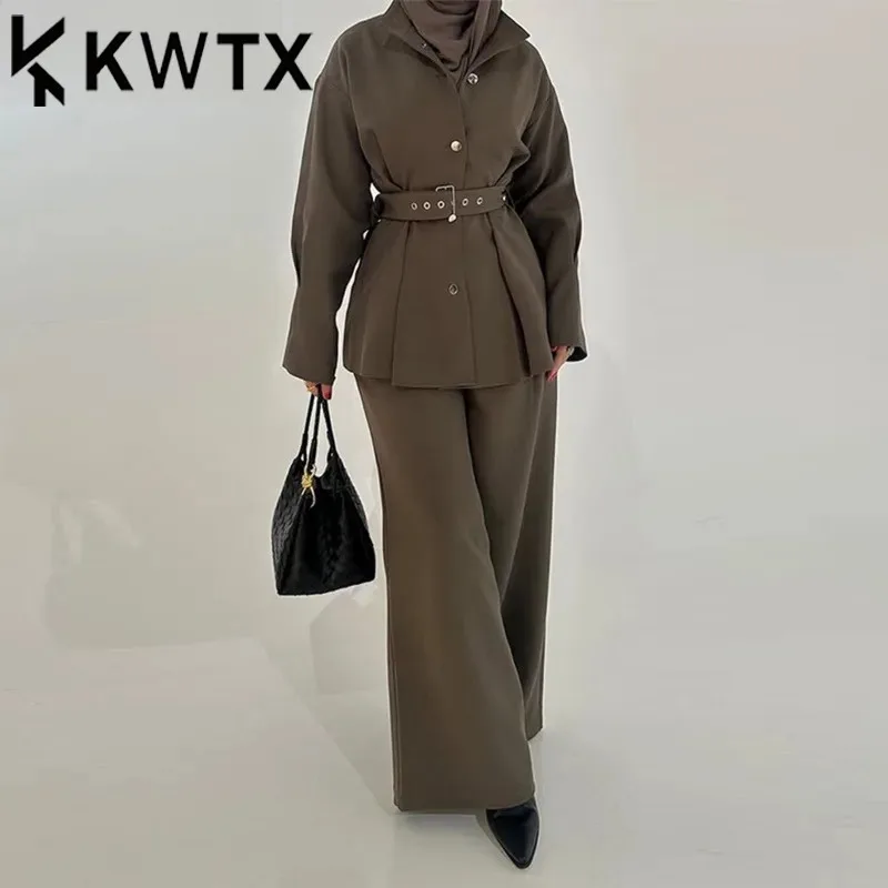 KWTX Solid Two Piece Women's Collar Long Sleeve Splicing Belt Coat High Waist Pants Warm Set Women's Clothing 2025 Spring New 1 KWTX Solid Two Piece Women's Collar Long Sleeve Splicing Belt Coat High Waist Pants Warm Set Women's Clothing 2025 Spring New