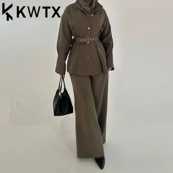 KWTX Solid Two Piece Women's Collar Long Sleeve Splicing Belt Coat High Waist Pants Warm Set Women's Clothing 2025 Spring New
