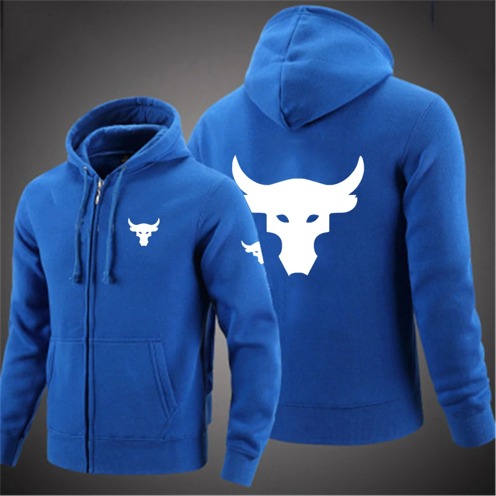 2024 Spring Autumn Men's Dwayne Johnson Brahma Bull Tattoo Logo Printed Classic Zipper Solid Color Sports Casual Loose Hoodies
