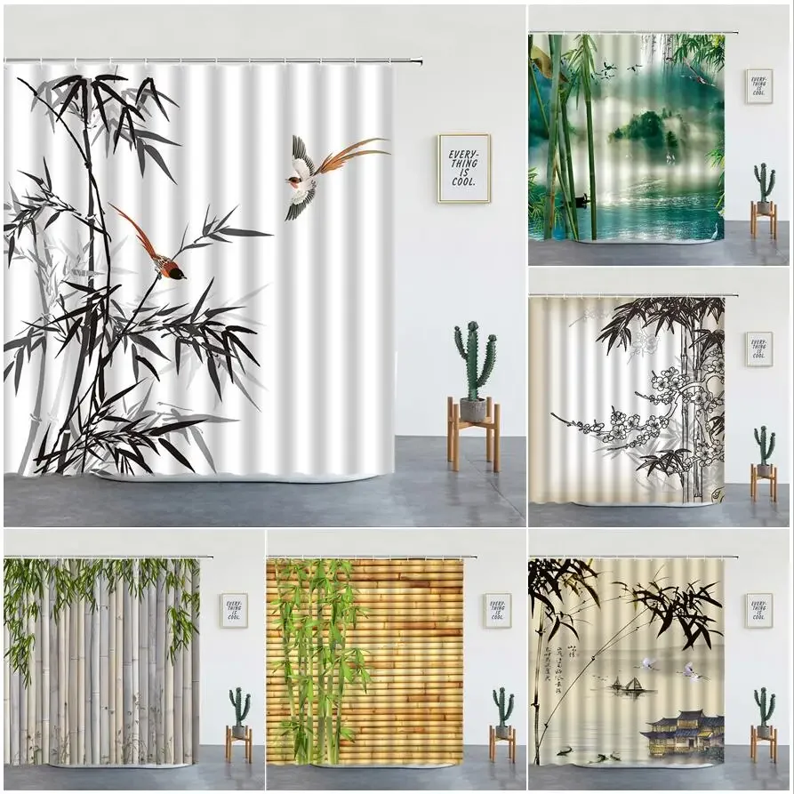 

Ink Bamboo Birds Shower Curtains Chinese Style Bath Curtain Waterproof Polyester Fabric Bathroom Decor Bathtub Screen with Hooks