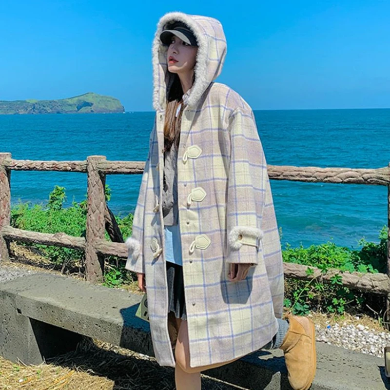 

Женское шерстяное пальто на пуговицах, зимнее пальто в клетку, с капюшоном