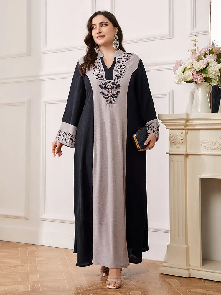 

Plus Size Women Muslim Dress Long Sleeves Vintage Floral Embroidered Long Dresses Middle East Arabian Robe Islamic Clothing 2024