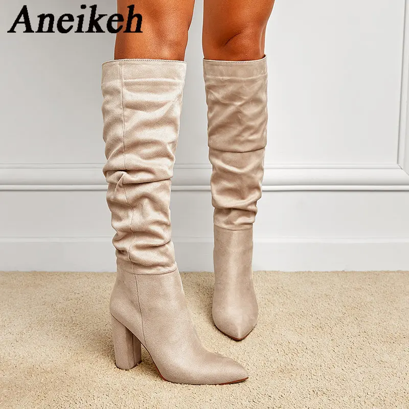

Aneikeh Women Flock Pleated Panel Design Knee High Long Boots 2024 Spring/Autumn Pointed Thick Heels Boots Party Nightclub Mujer