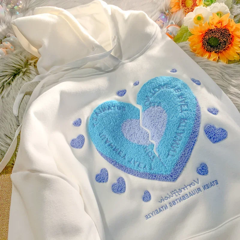 Cute Love Heart Embroidery Pink Tops Hoodies Winter Pullover Women 2024 New Streetwear Harajuku Teens Clothes Ins Korean Fashion