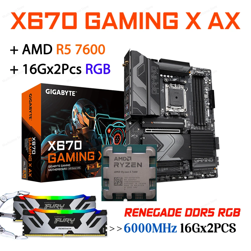 

GIGABYTE X670 GAMING X AX Motherboard DDR5 Socket AM5 With AMD Ryzen 5 7600 CPU Suit +Kingston Memory Renegade 6000MHz 32G RGB