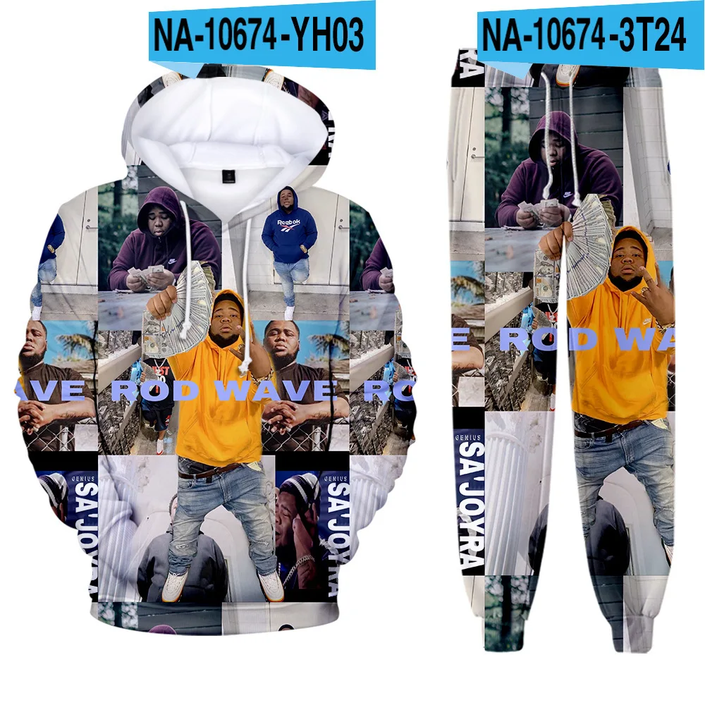 Rod Wave 3D Print Men Tracksuit Two Piece Set Hoodie and Pants Casual Sports Suit Men Clothing Hip Hop Men\'s Sets Sportswear