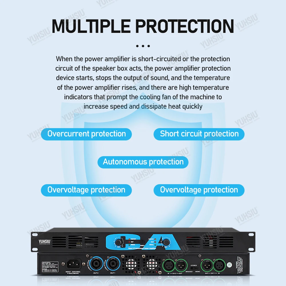 Yuhsiu Professional 1U High Power 400W*2 Amplifier 2 Channels Audio for Disco Outdoor Concerts Subwoofer Speakers Stage KTV DJ