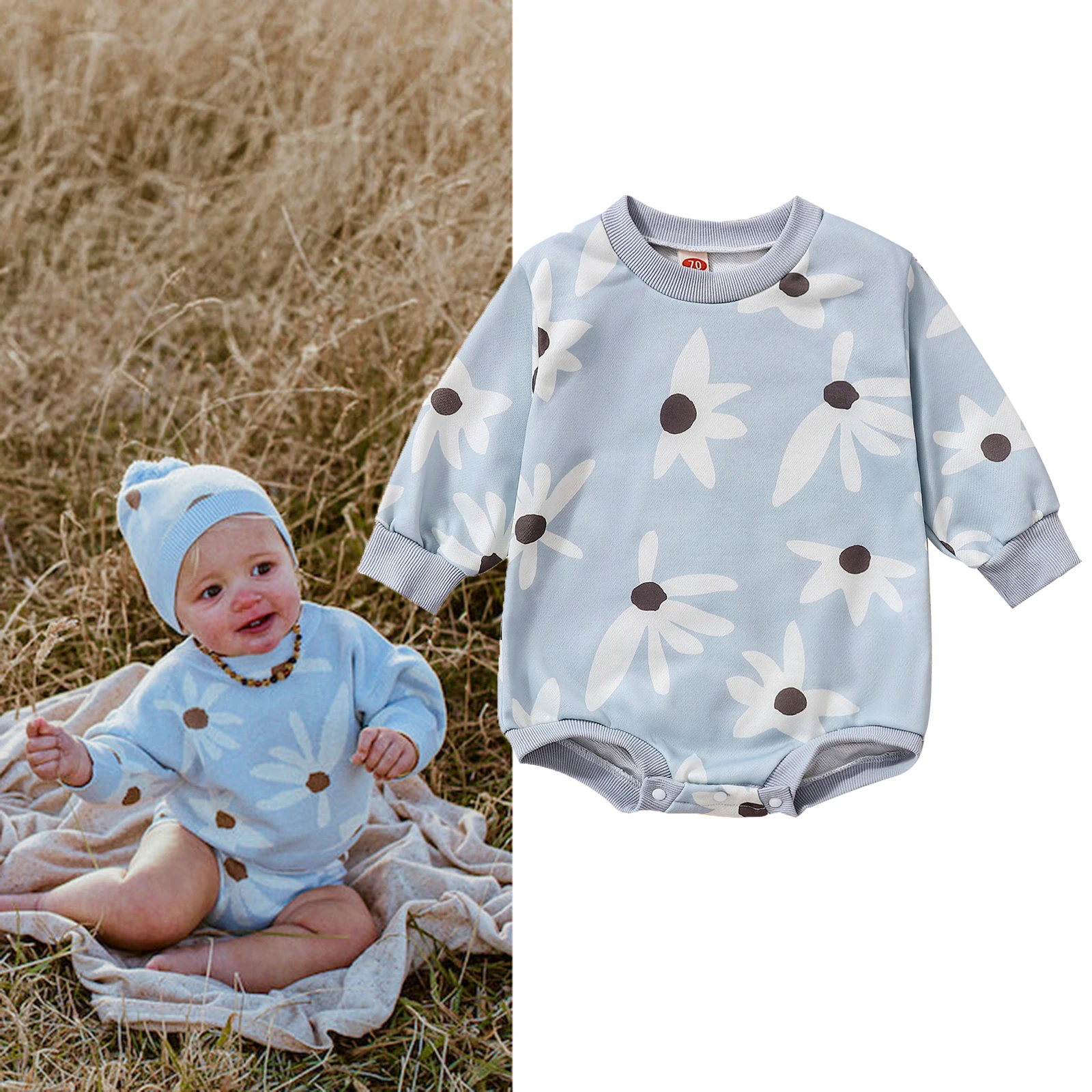 Autumn Baby Boys Romper Outfit Cotton Floral Print Sweatshirt Romper 0