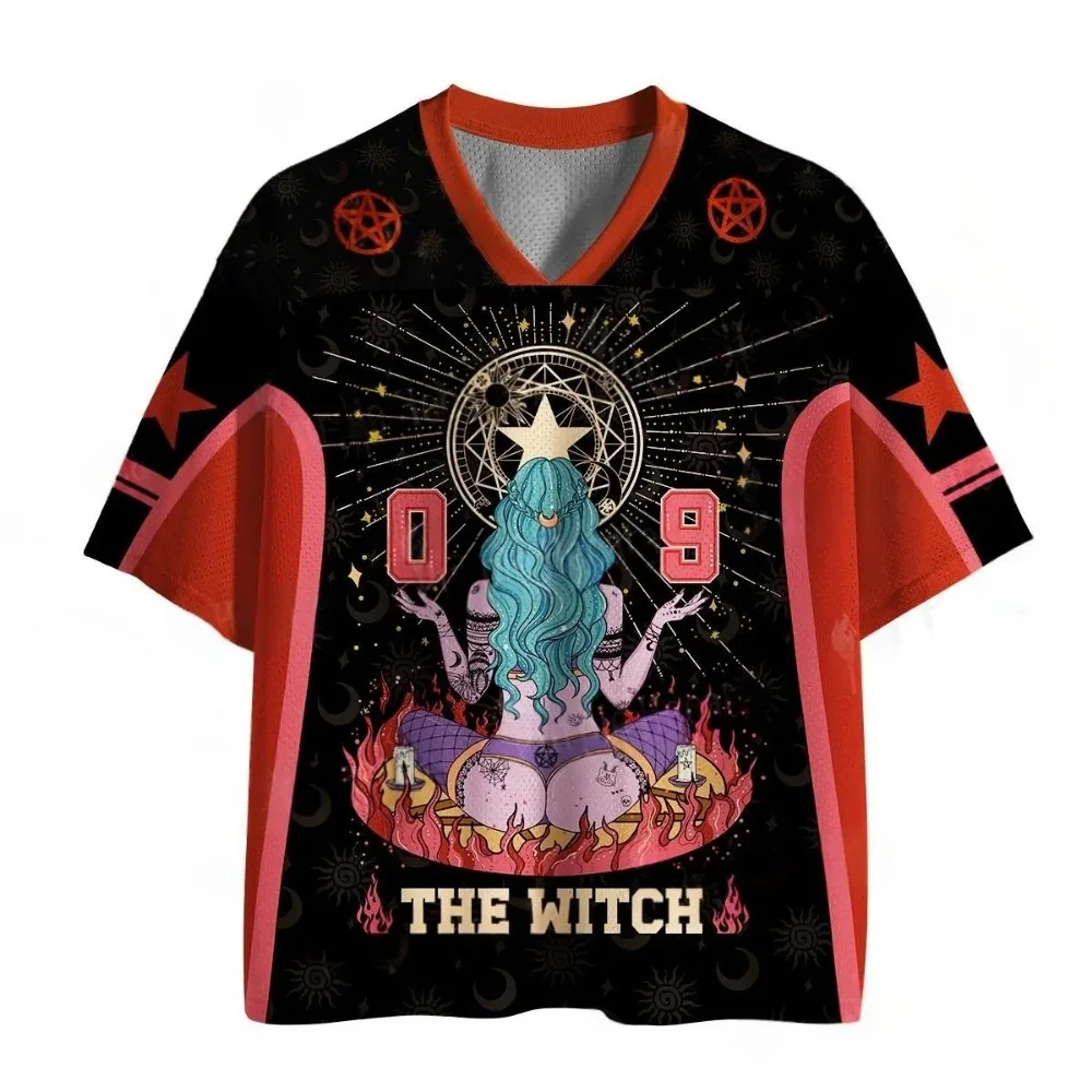 Okkultes Hexen-Motiv 3D-Gedrucktes Herren- und Damen-T-Shirt mit V-Ausschnitt Retro Harajuku Lässig Schnelltrocknend Sport Y2K-Stil Eltern-Kind-Kleidung