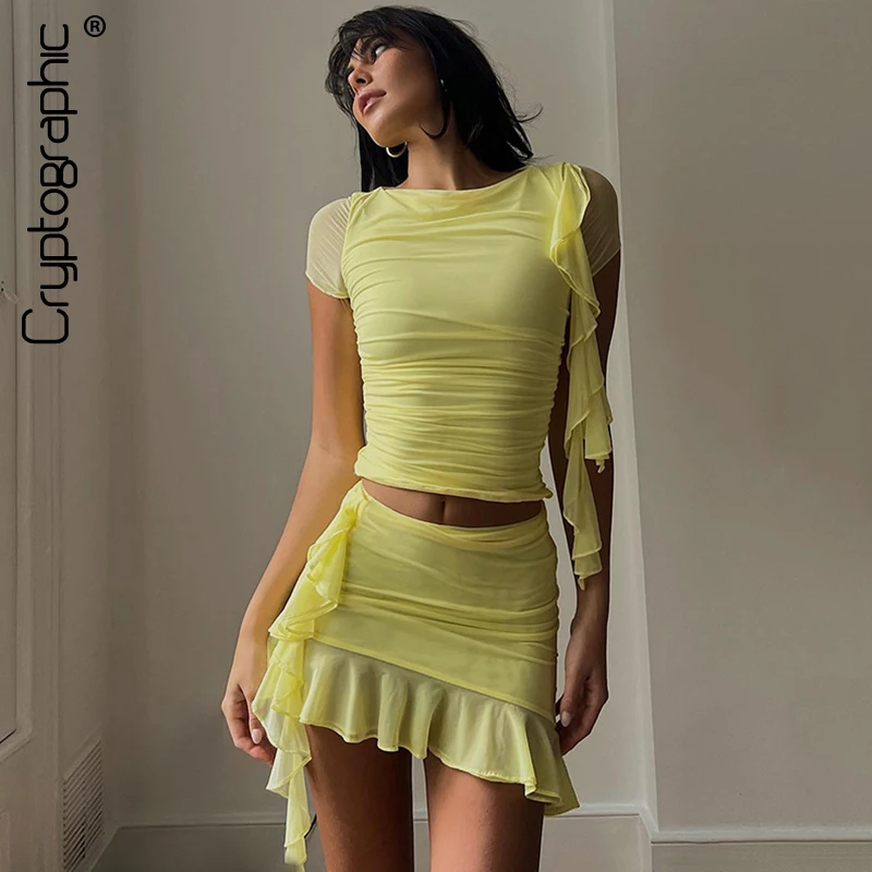 Cryptographic Fashion Mesh See Through Top and Skirt Sets Asymmetric Ruched Ruffle Matching Sets Sexy Fringe Bodycon 2 Piece Set summer women mesh ruched hem layered high waist maxi skirt female casual fashion solid cake skirt steetwear traf clothes