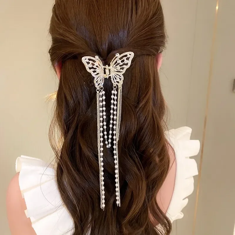 Hair Accessory Butterfly Hair Clip With Long Tassel For Women Elegant Imitation Pearl Rhinestone Shark Hairpins Jewelry