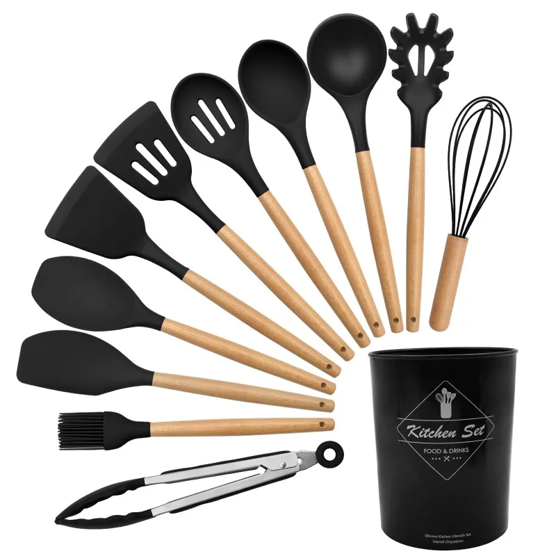 12 Piece Silicone Kitchen Utensils Set with Wood Handles