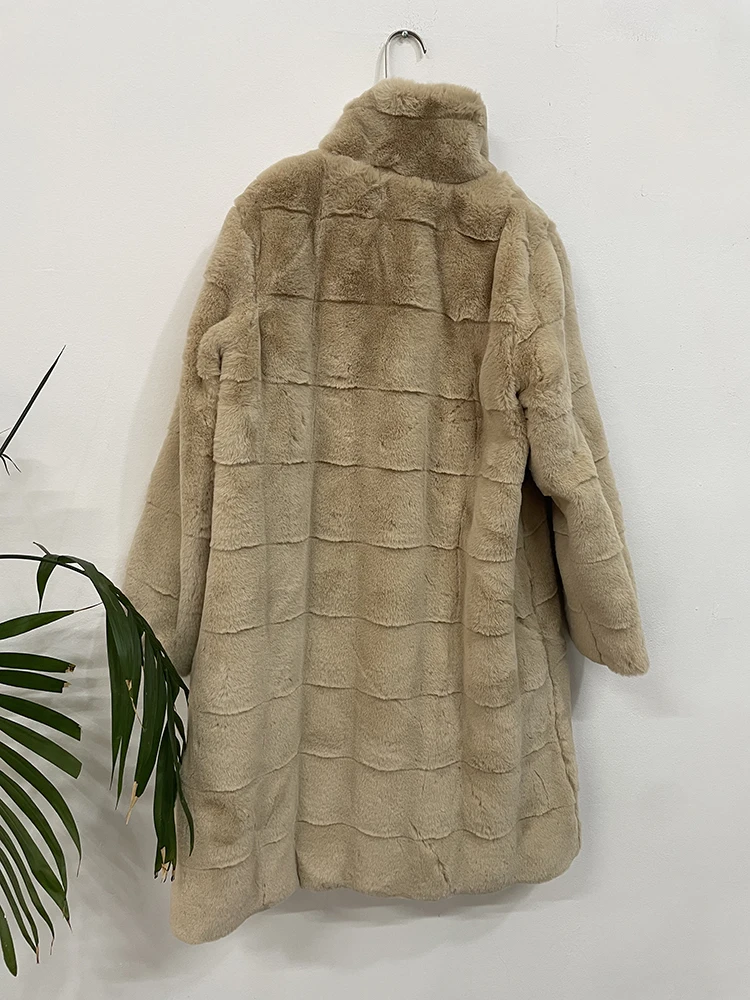 UCXQ-Mink Fur Coat Women Stand Neck High Quality Plush Thick Overcoat Casual Loose Single Breasted Mid Long Jacket Autumn 2024