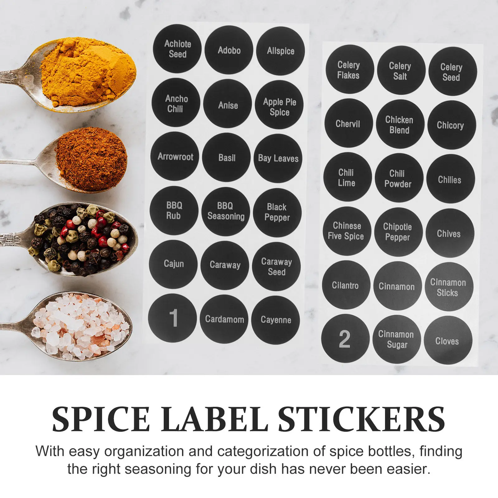 8장의 원형 양념통 라벨 스티커, 사전 인쇄된 주방 조미료 라벨, 양념병 정리용 자가 접착식 라벨