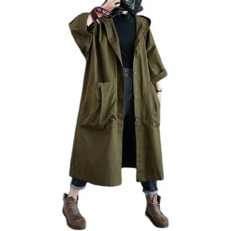 

Oversized Spring And Autumn Trench Coat Women's New Korean Loose Versatile Hooded Windbreaker Women's Long Coat B Pocket Jacket
