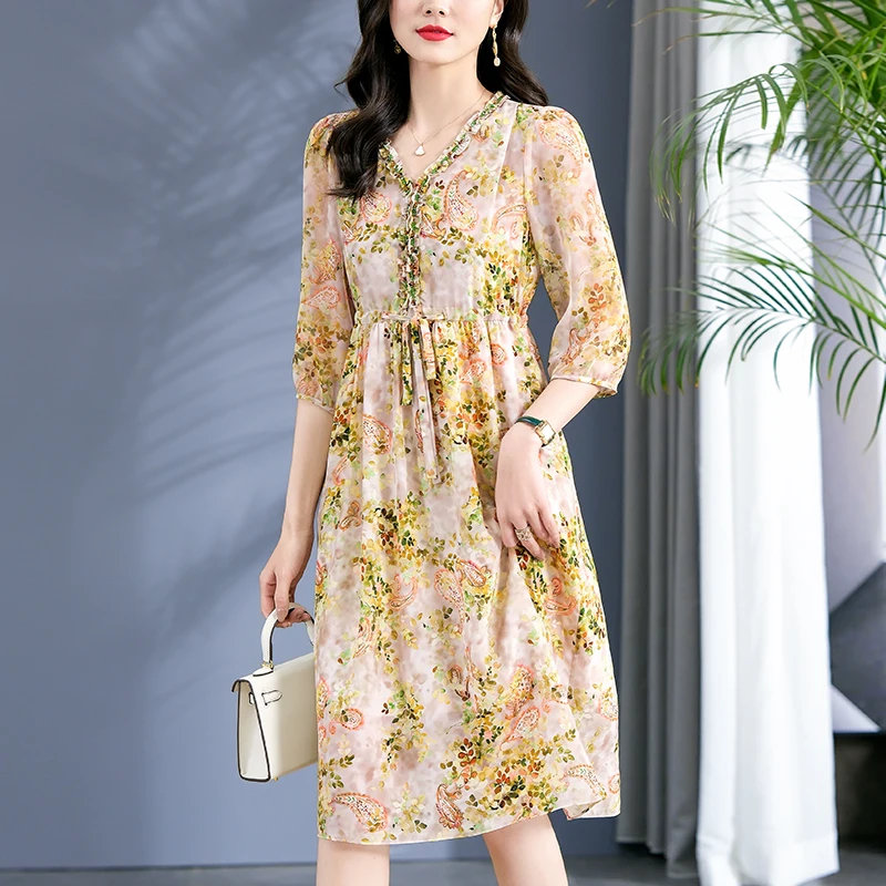 

Summer Dresses For Women 2024 Elegant V-neck High Waist Three Quarter Sleeve Vintage Print Women's Clothing Long Dress A-line