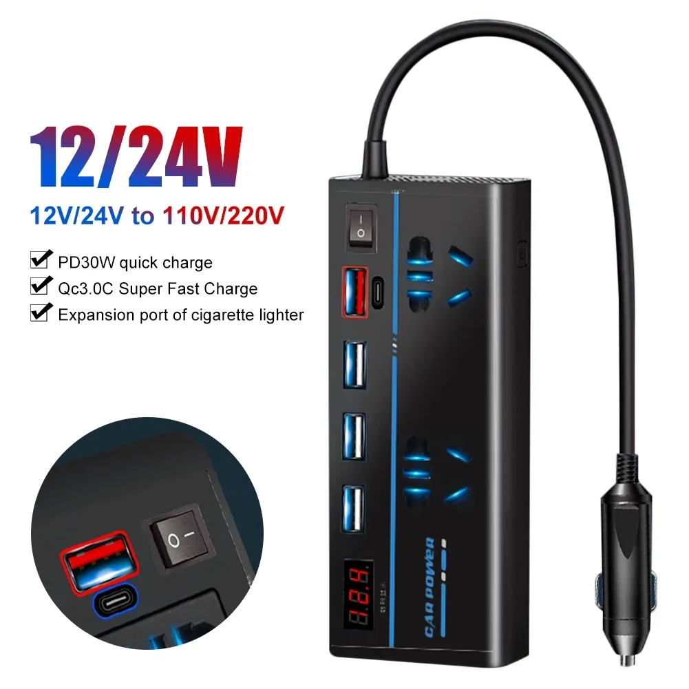 

Car Inverter DC12V/24V To AC110V/220V Auto Power Adapter TypeC USB Cell Phone Fast Charging Station Transformer Accessory