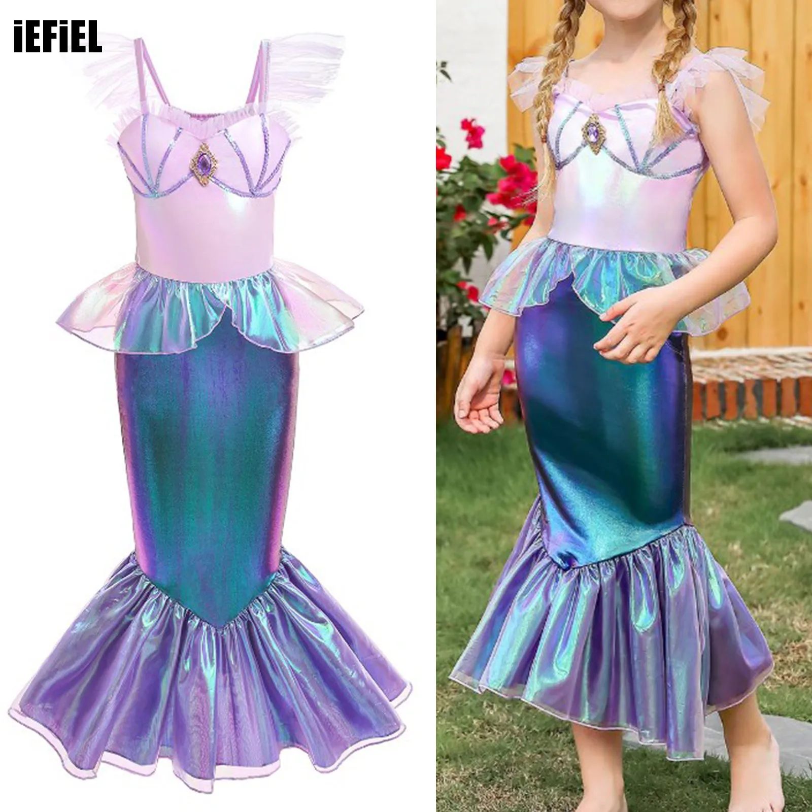 

Pink Kids Girls Halloween Birthday Mermaid Dress Sleeveless Shiny Metallic Flounce Fishtail Skirt Cosplay Performance Dress