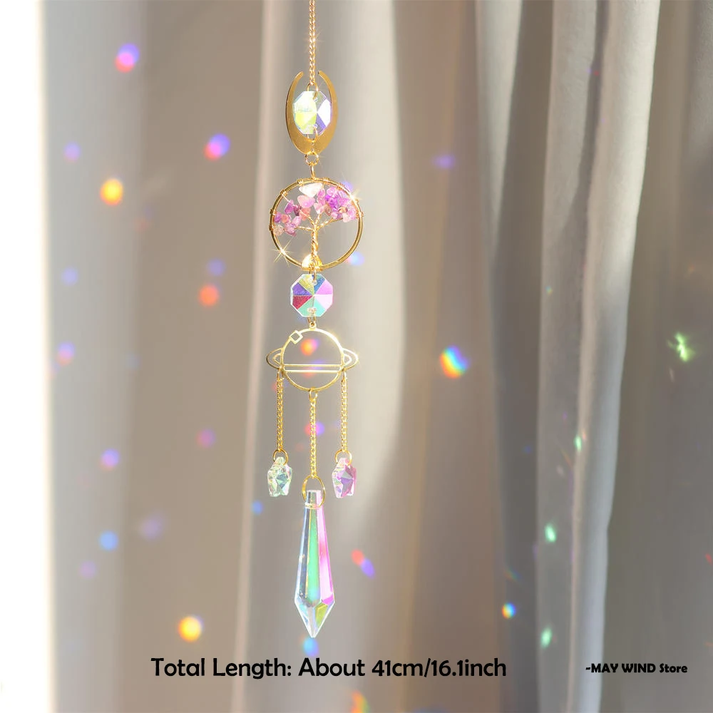 Tree Shape Natural Stone Suncatcher Hanging Prism of Life Sun Catcher Home Outdoor Decorative Pendant Rainbow Maker 41cm
