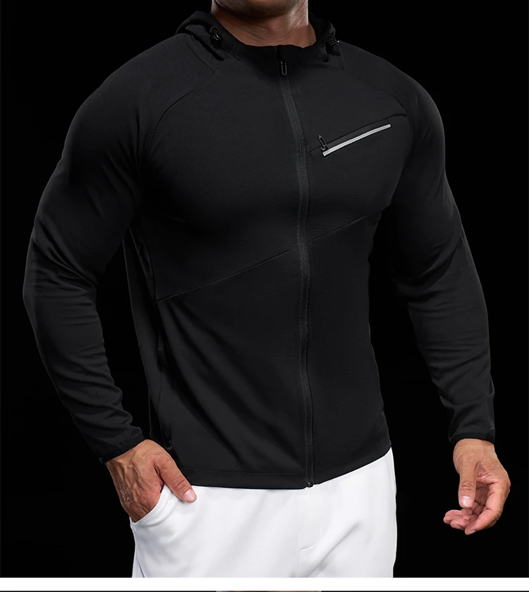 Men Zip Standing Collar Hoodies Top Stretch Slim Long Sleeve Running Fitness Jacket Gym Jogging Tee Bodybuilding Training Shirts