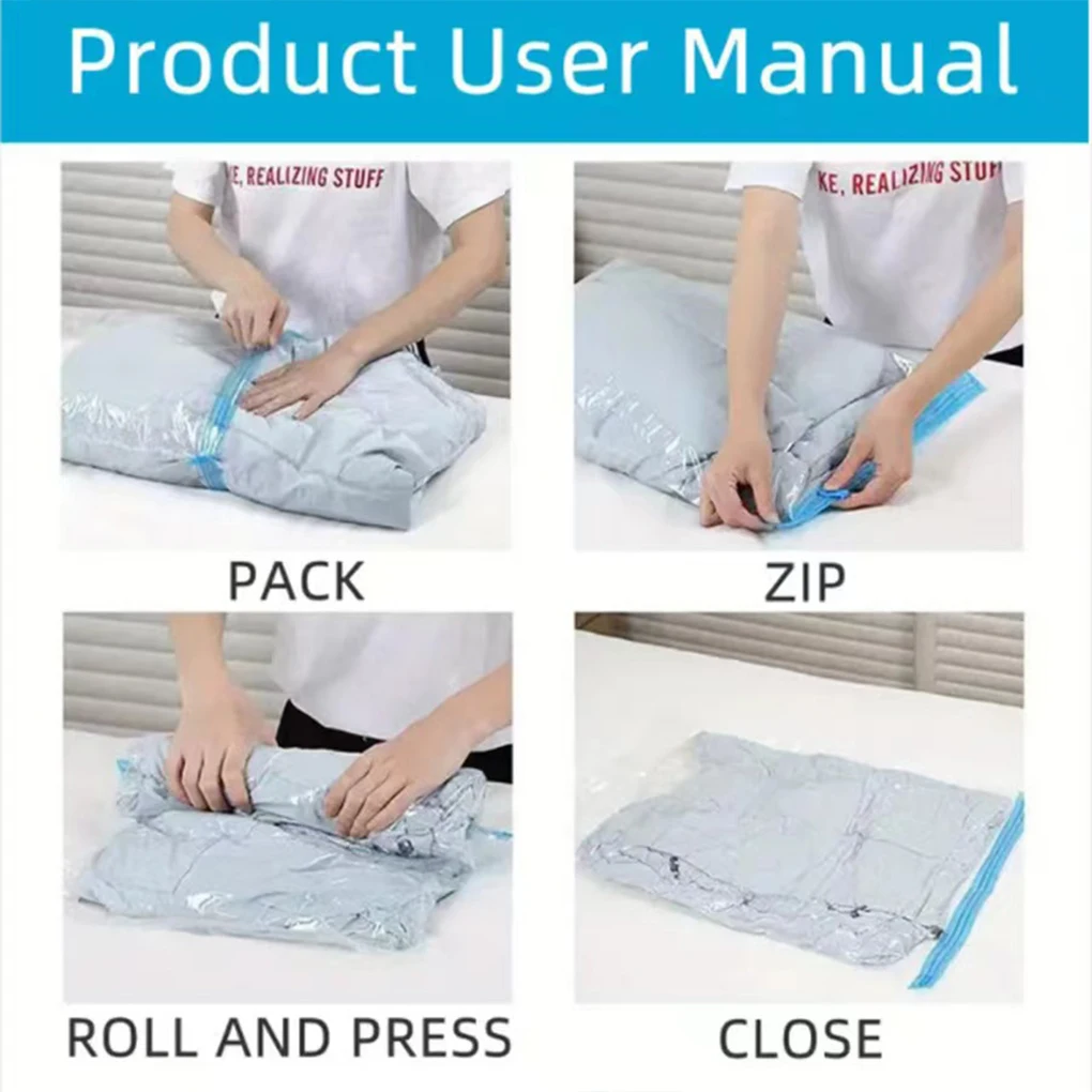5Pcs Travel Roll-Up Compression Bags Reusable Vacuum Storage Bag Saves 80% of Storage Space Roll-Up Compression No Need Air Pump 6