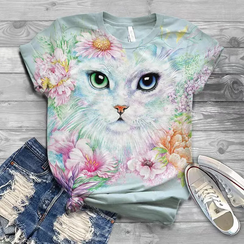 

Summer T Shirt For Women's Funny Cat Pattern Tees Kawaii Girl Short Sleeve Fashion Trend Streetwear Casual O-neck Oversized Tops