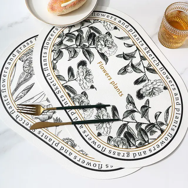 Északi Bőr Placemat Fekete -Fehér Virágmintás Vízálló Olajálló Hőálló Tál Szőnyeg Étkezési Asztal Dekoráció - Image 4