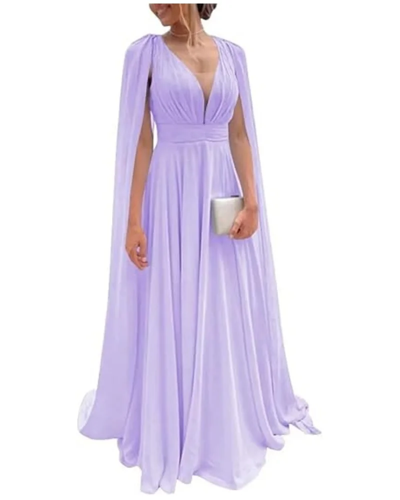 TSxuelian Floor Length Mother of Bride Women's Long Bridesmaid Dresses with Sleeves Pleated Chiffon V-Neck Formal Evening Dress mother bride dresses