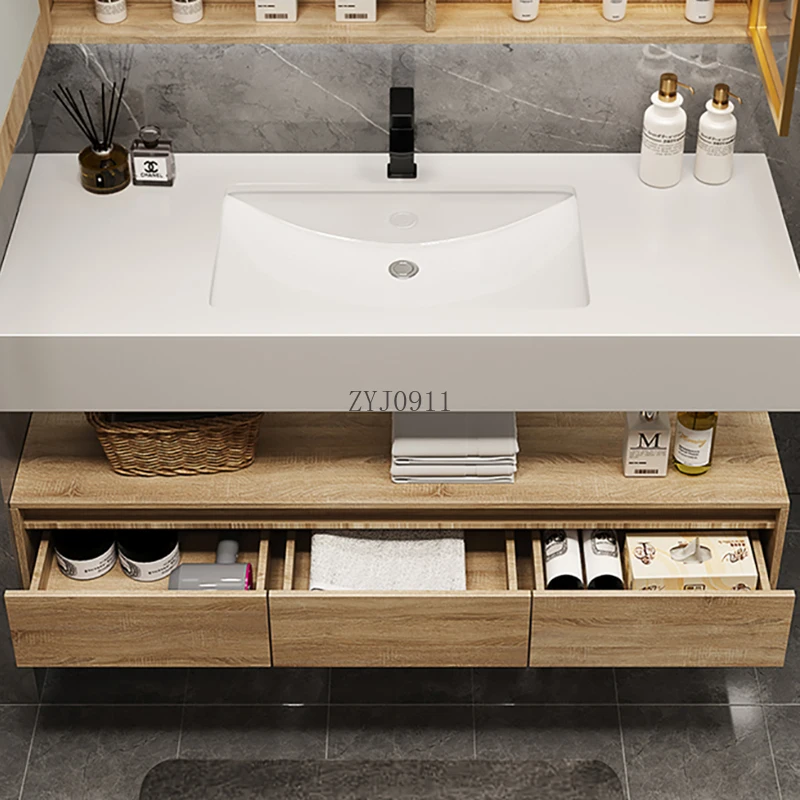 Solid Wood Bathroom Cabinets Minimalist Rock Panel Integrated Bathroom Cabinets Washbasin Toilet Furniture YX50BC