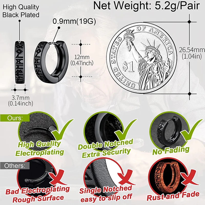Stainless Steel Norwegian Viking Rune Hoop Earrings For Men Woman Unisex 12 Mm Huggie Hoop Religious Jewelry