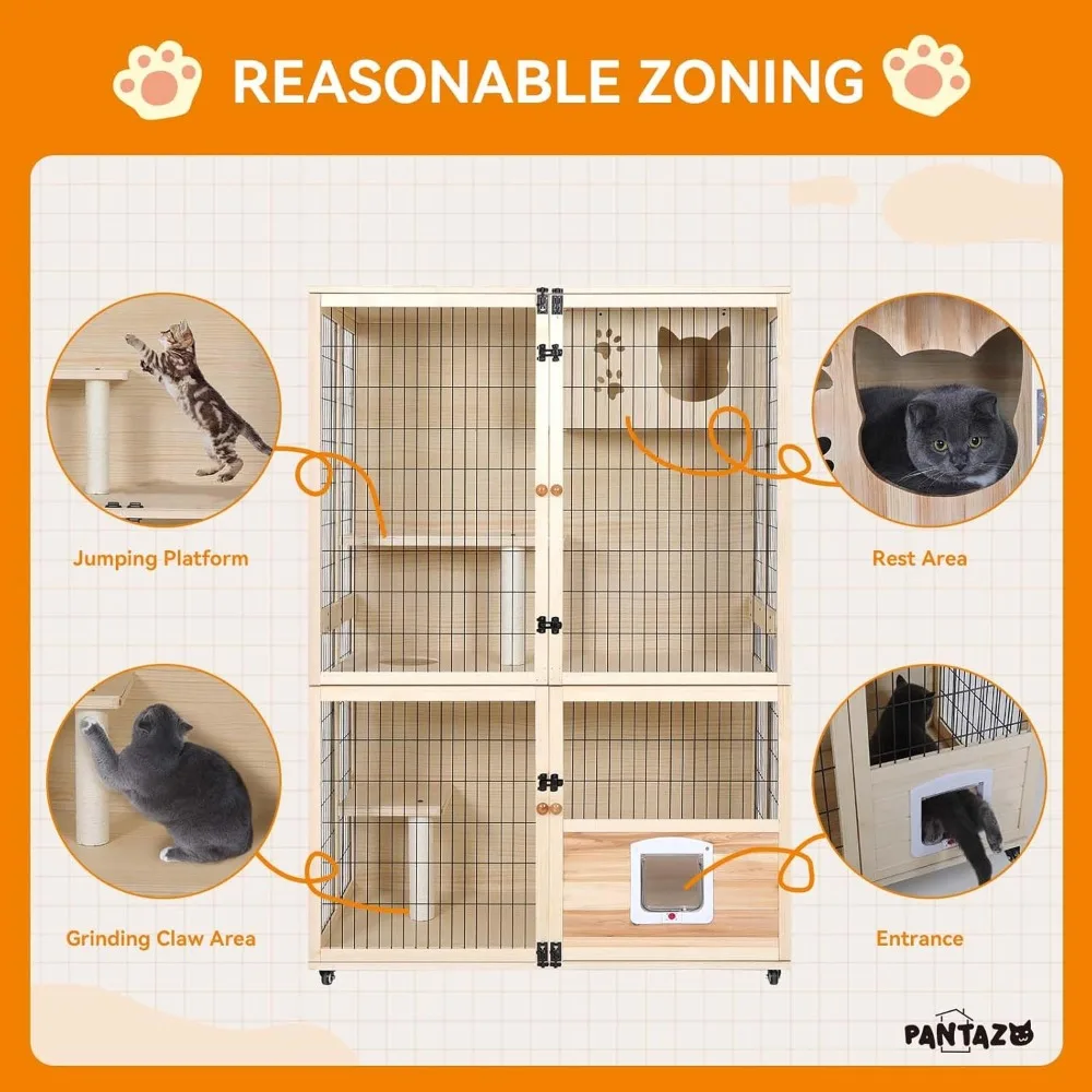 Wooden Cat House Large Space Cat Cage with Scratching Post and Lockable Wheels Double Layer House with Escape Door