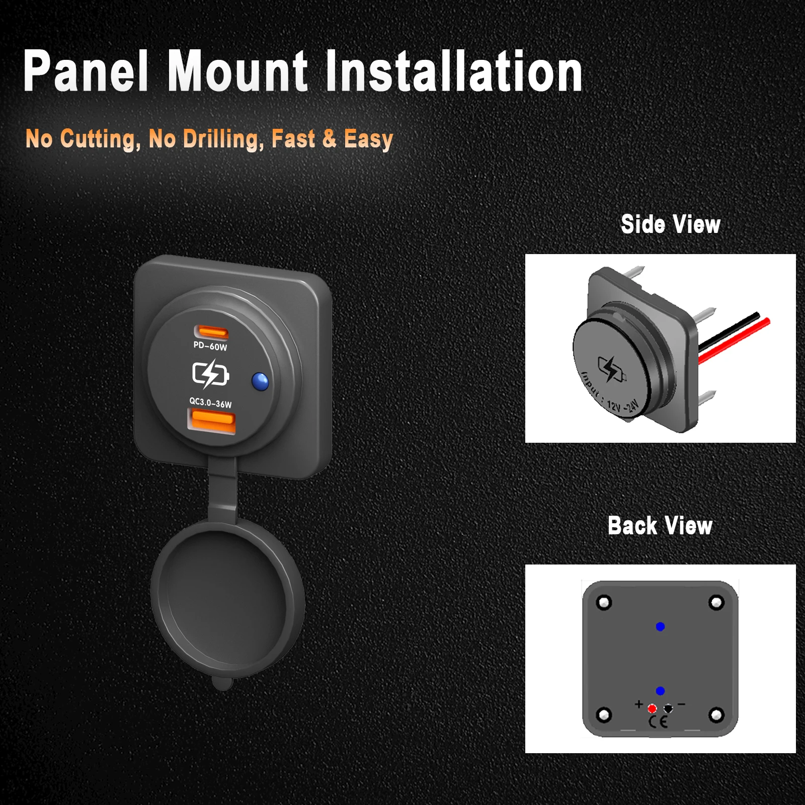 High-Speed Dual USB-C Power Socket with 60W PD & QC3.0 Charger