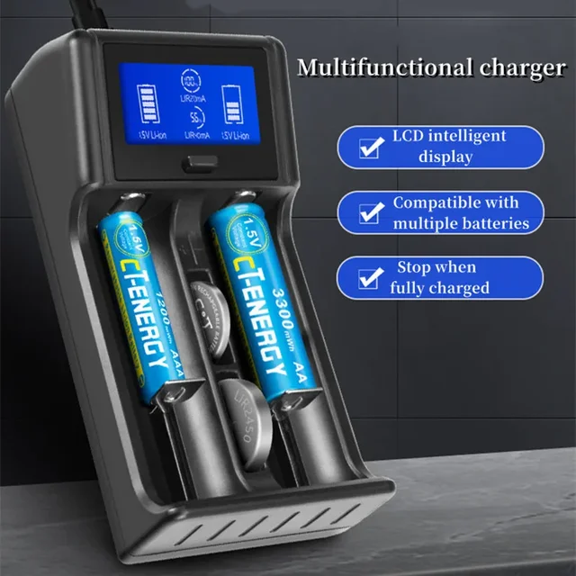 New 2032 2450 Rechargeable Battery Charger Compatible Charge Rechargable AA AAA 1.2V Ni-MH 3.7v Lithium ion Batteries USB Port