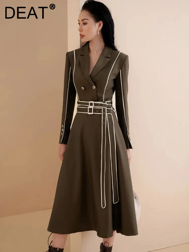 

DEAT Elegant Dress Double Belt Waist Notched Color Bright Lines Women's Elegant Long Dresses 2024 Spring New Fashion 13DB3041