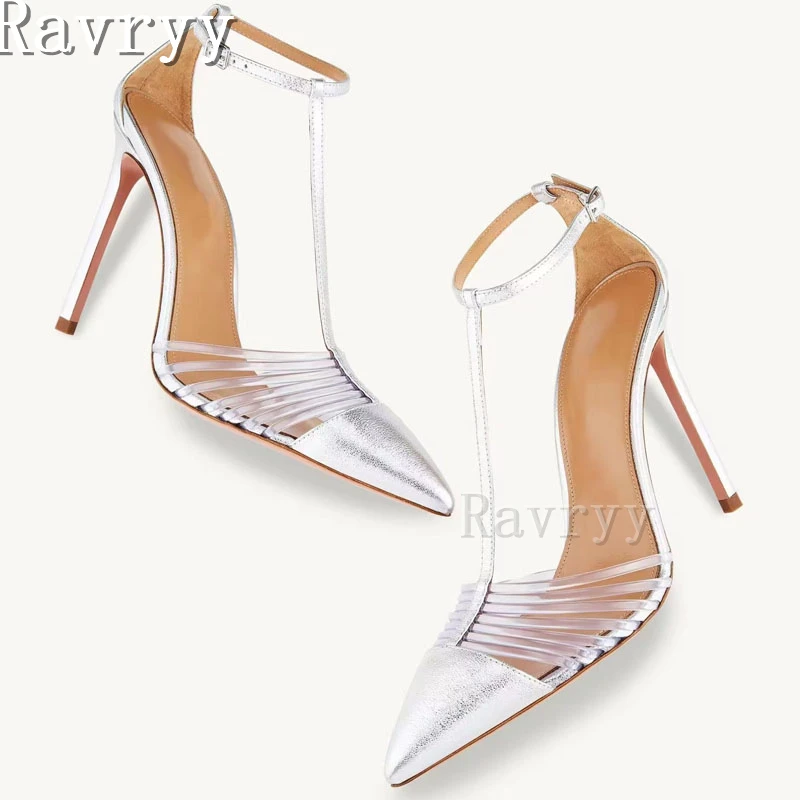 

Pointed Toe Color Blocking Stiletto Sandals Hollow T-Shaped Belt Thin High Heels Shoes Women Large Size Ankle Strap Sandals