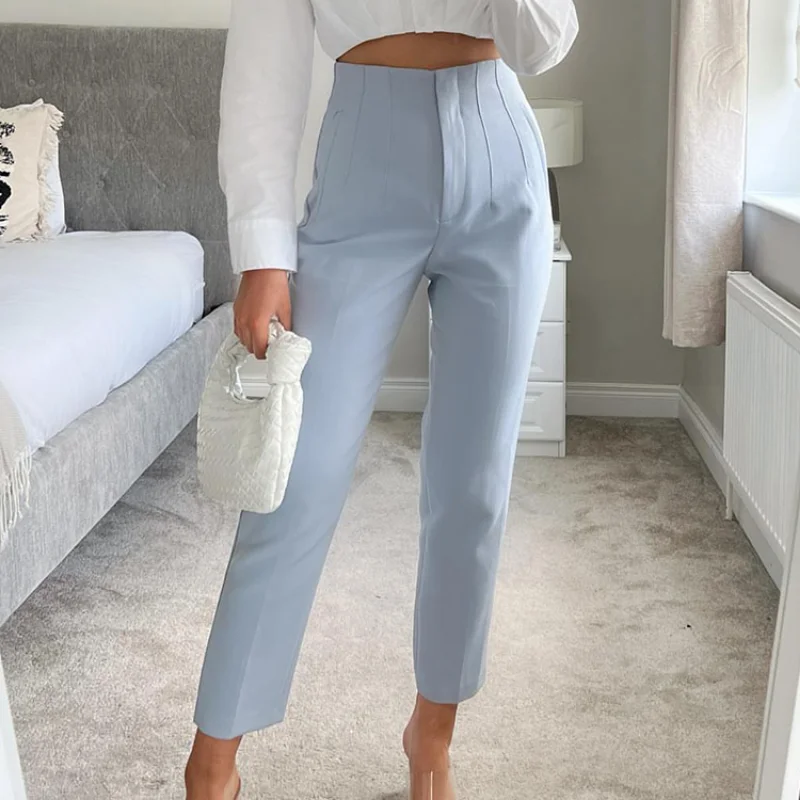 Women Light Blue Chic Fashion Office Wear Straight Pants Vintage High Waist Zipper Fly Female Trousers Fashion 2023 Clothes light blue jeans butterfly applique embroidery high waist straight pants loose ripped wide leg denim pants women pocket trousers