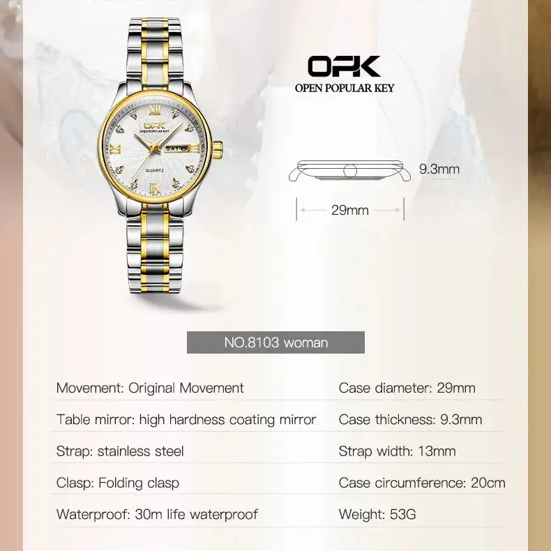 OPK 8103 Elegant Women's Watch Luxury Brand Stainless Steel Waterproof Watch Double Calendar Diamond Business Women Quartz Watch 6
