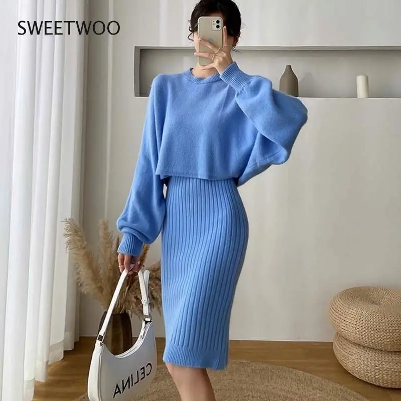 

Fall Winter Long Sleeve Korean Knitted Top Sweater + Elegant Sling Dress Women Clothes Vestido 2 Pieces Set