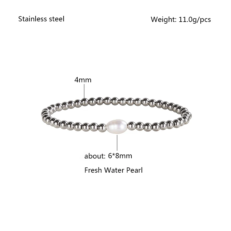 High Quality Metal Smooth Bead Stainless Steel Jewelry Waterproof Durable Women's Charm Gift Fresh Water Pearl Elastic Bracelets 6
