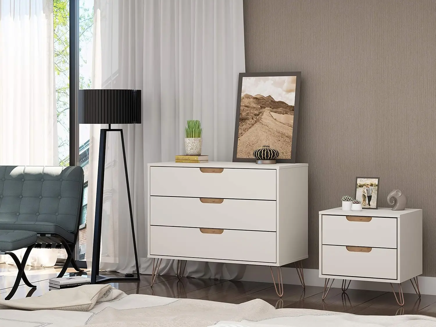 Rockefeller Mid-Century Modern 3 Drawer Bedroom Dresser with Nightstand Set of 2 Off White/Nature Durable construction
