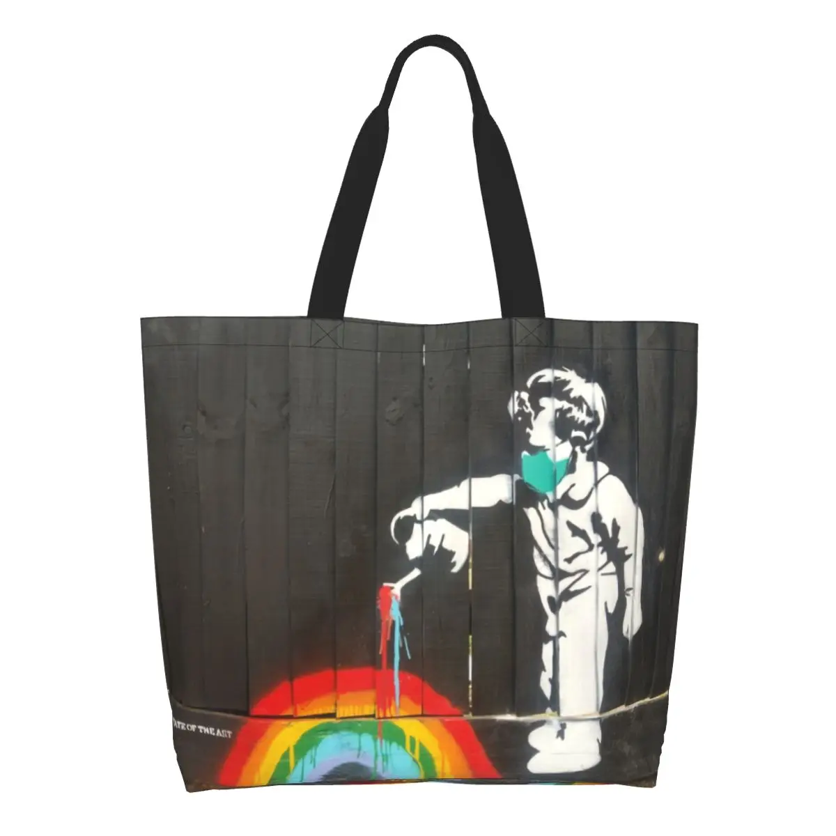 

Banksy Rainbow Grocery Shopping Bag Cute Printed Canvas Shopper Shoulder Tote Bags Big Capacity Durable Art Graffiti Handbag