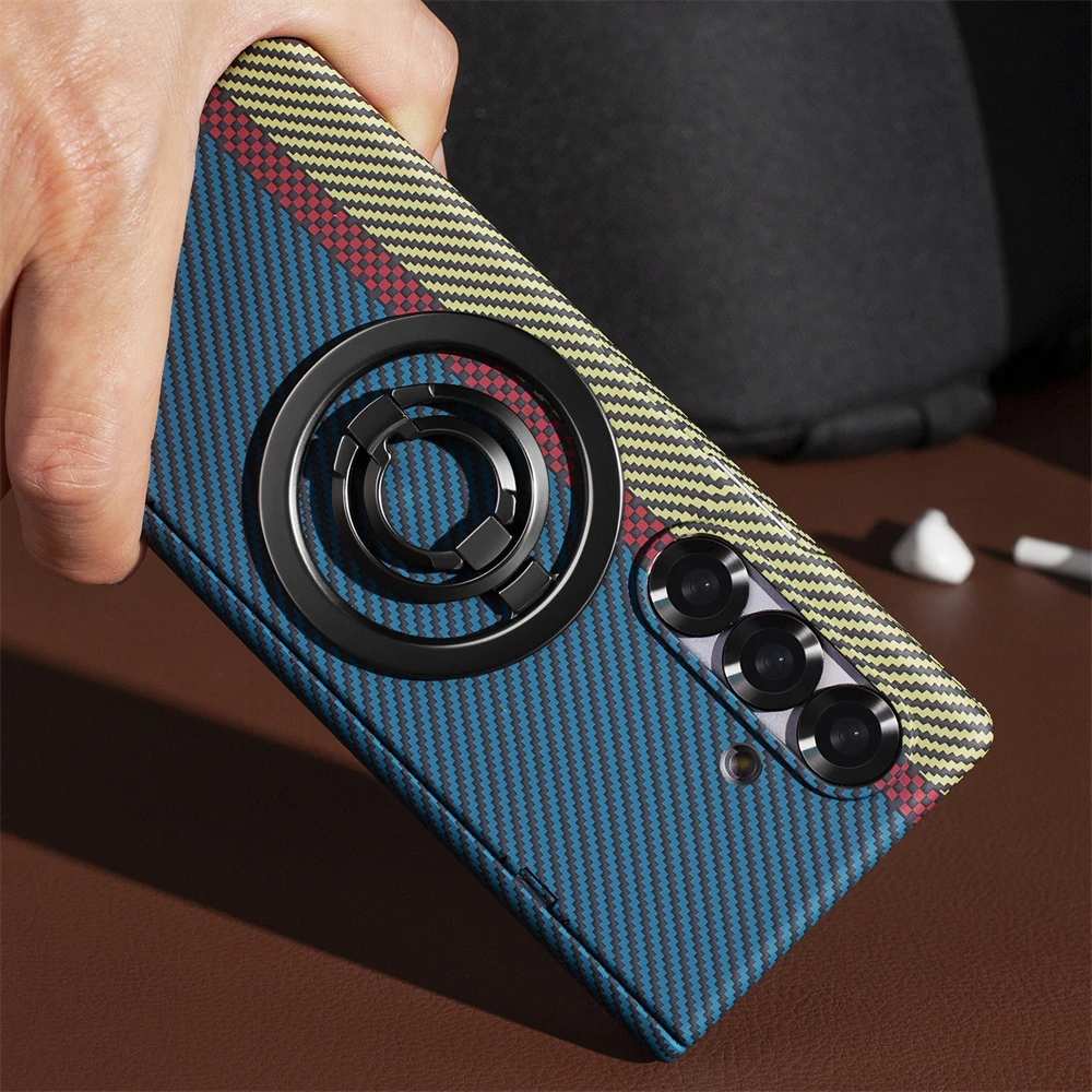 Carbon Fiber Texture Magsafe Case with Outer Screen Glass and Wireless Charging Hinge Holder