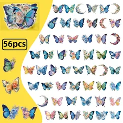 Blue Butterfly Flower Transparent PET Stickers - Artistic Scenery Decorative Decals (56 Pieces) (56PCS)