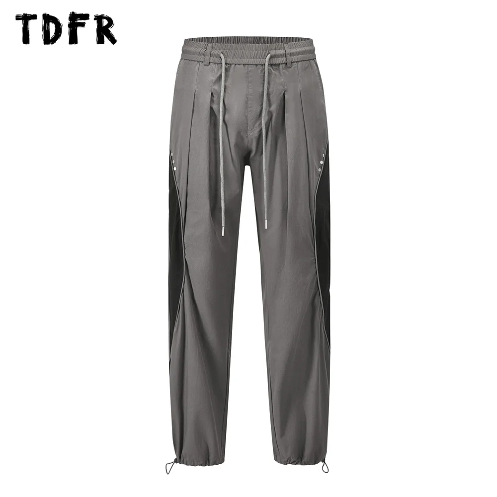 

Patchwork Jogger Pants with Rivets Mens Casual Loose Elastic Waist Straight Wide Leg Trousers Men