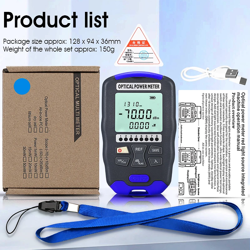 AUA-DC70 Optical Power Meter 4 in 1 Multifunction Fiber Network Cable Tester Visual Fault Locator 1-50MW(optional) Rechargeable