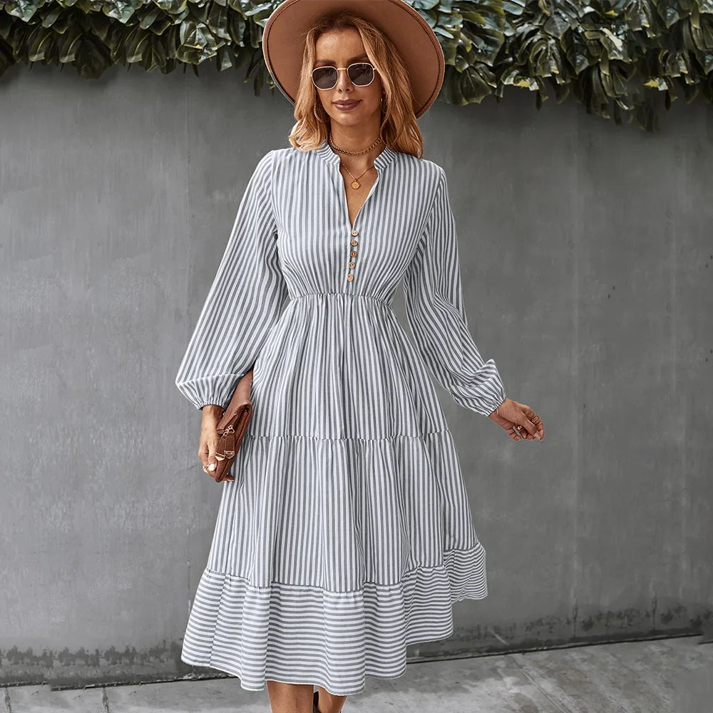 

Women's Big Wing Striped Dress Fashion Causal A Line All Match Chic Printed Long Dresses For Women 2022 Autumn Winter Midi Robe