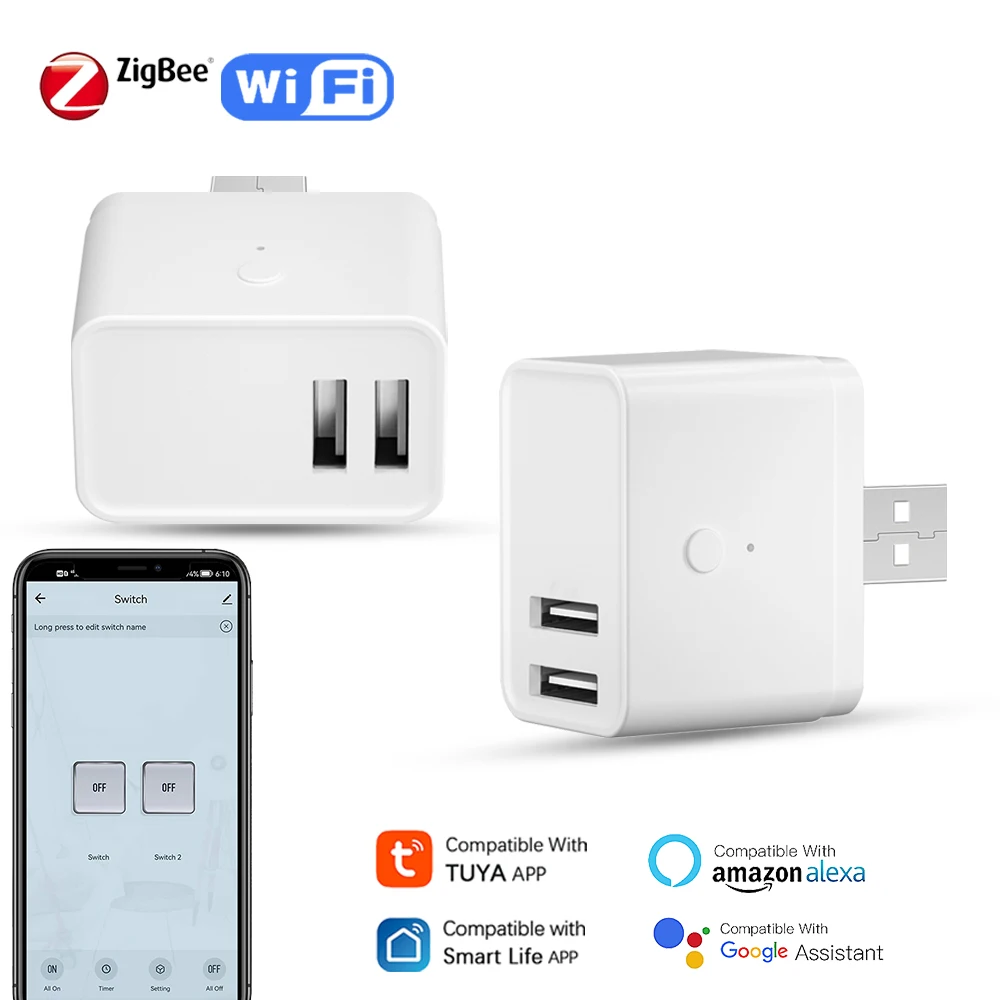 Tuya Smart Dual USB Adapter Plug WiFi/Zigbee Version 2Gang Timing Adptor Smartlife APP Control Works With Alexa Google Home power plug adapter power socket adapter conversion plug plug conversion socket wall charger adapter universal socket adapter phone charger plug